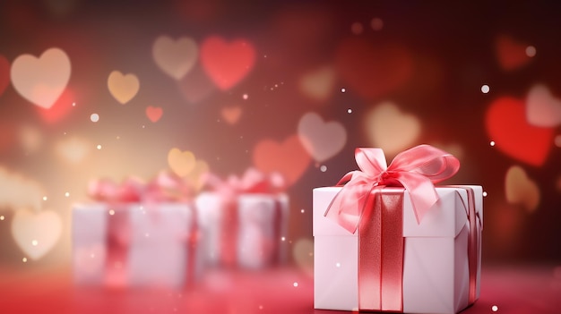 Caja de regalo rosa con corazones rojos y lazo rosa en el fondo del efecto bokeh