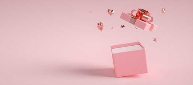 Caja de regalo rosa con corazones voladores y estrellas render 3d