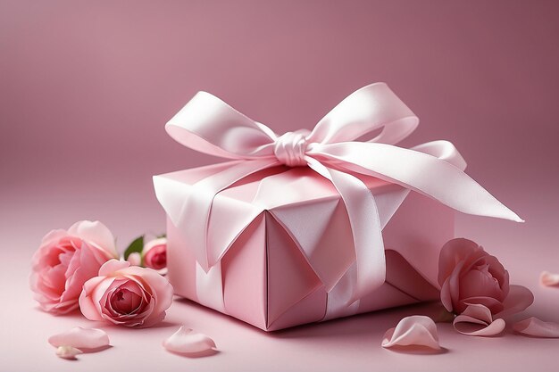 Caja de regalo rosa para el Día de San Valentín con un lazo de cinta de satén blanco