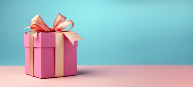Una caja de regalo rosa con una imagen de ai generativa de cinta dorada.