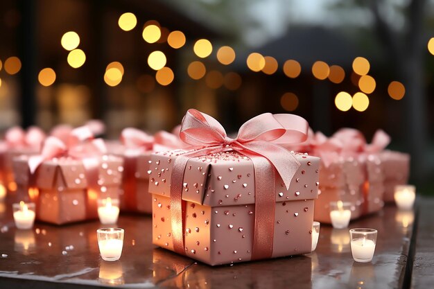 Caja de regalo rosa con lazo rosa y velas en el fondo del efecto bokeh