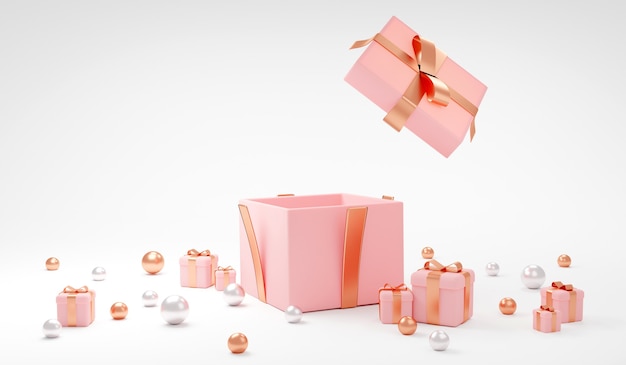 Caja de regalo rosa de representación 3D abierta alrededor con pequeño espacio de regalos para texto para diseño comercial