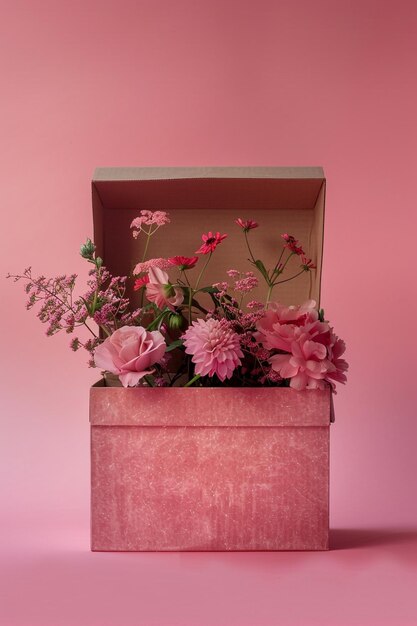 Caja de regalo rosa con varias flores