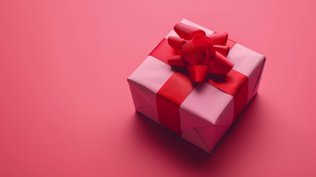 Caja de regalo rosada con cinta roja sobre un fondo rosado