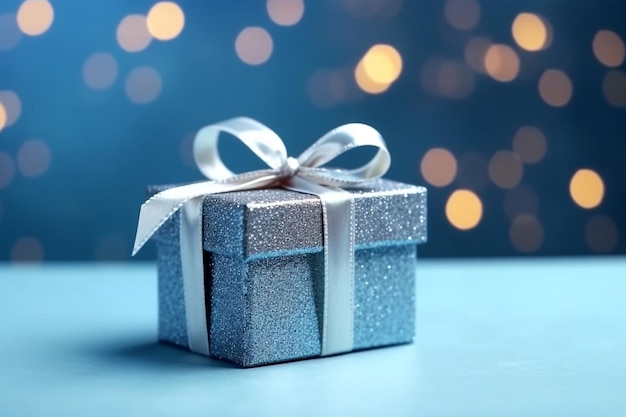 Caja de regalo sobre fondo azul y bokeh Generativo Ai