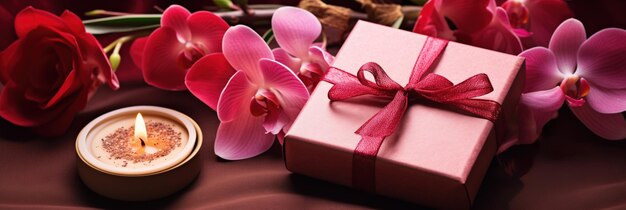 Foto una caja de regalo de terciopelo de peluche con una orquídea exótica y una tarjeta en blanco para el día de san valentín
