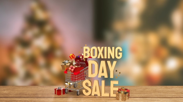 La caja de regalo y el texto dorado Boxing Day para la representación 3d del concepto de compras