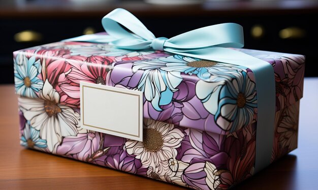 Foto caja de regalo en tonos lila en el primer plano de la mesa enfoque suave selectivo