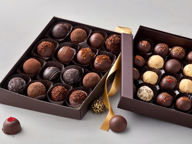 Una caja de regalo con trufas de chocolate negro en una colección gourmet para el día del chocolate