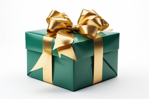 Caja regalo verde con arco de oro Una caja regalo verde vibrante coronada con un arco dorado brillante La caja está cerrada y perfectamente envuelta lista para regalar En fondo transparente de PNG