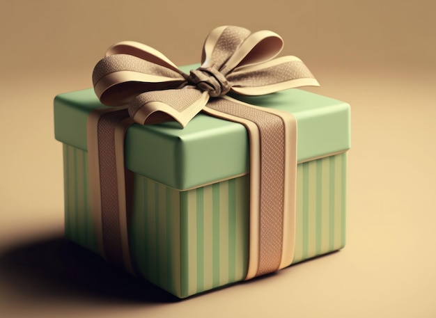 Caja de regalo verde con cinta marrón sobre fondo de tono pastel