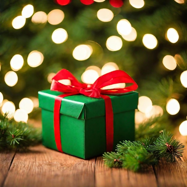 Caja de regalo verde con cinta roja con fondo navideño