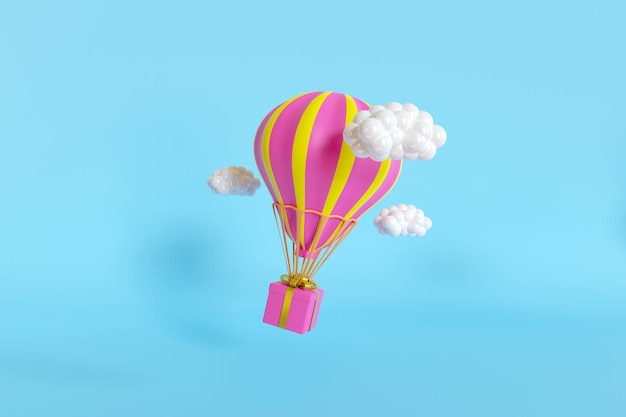 Caja de regalo voladora de ilustración 3d con globo aerostático y nubes