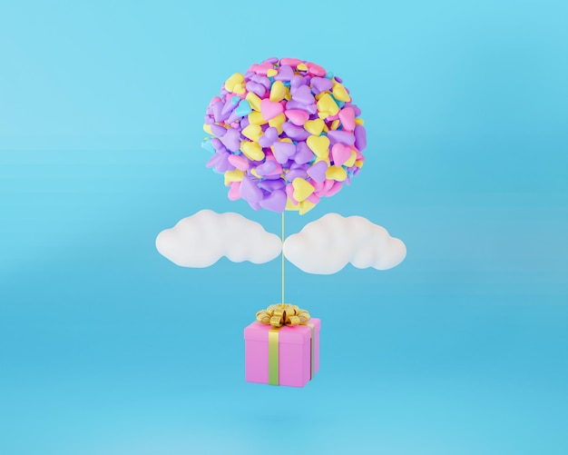 Caja de regalo voladora de ilustración 3d con globos de amor y nubes sobre fondo azul