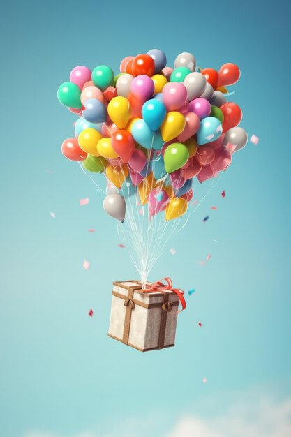 caja de regalo volando con globos