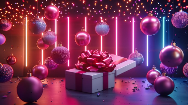 Una caja de regalos abierta con adornos navideños está renderizada en una colorida sombra de neón. Las bolas flotan en el aire mientras levitan.
