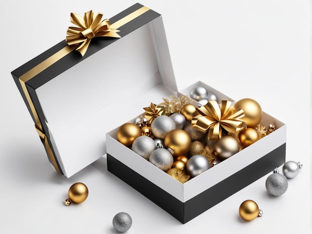 La caja de regalos abierta de Navidad moderna de moda de oro y plata con juguetes en el espacio vacío de fondo blanco