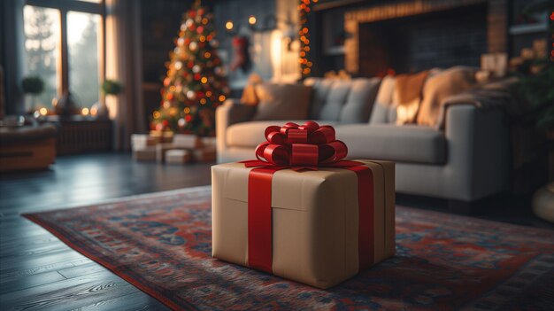 Foto caja de regalos en la alfombra en la sala de estar