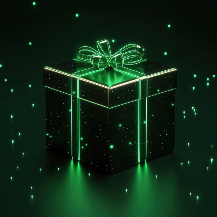 una caja de regalos con un arco verde en ella