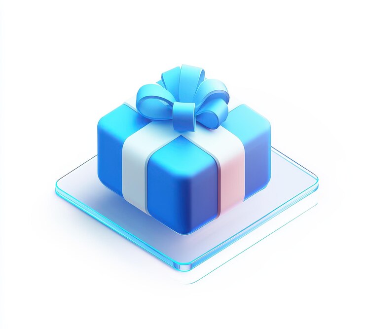 una caja de regalos azul y blanca con una cinta en ella
