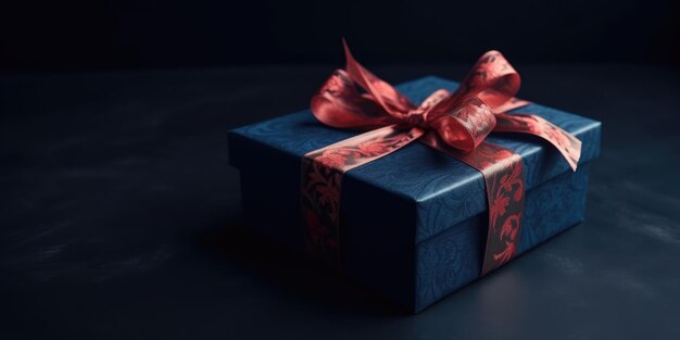 Foto caja de regalos azul con lazo de cinta roja en una mesa negra elegante caja de regalo azul en un fondo oscuro