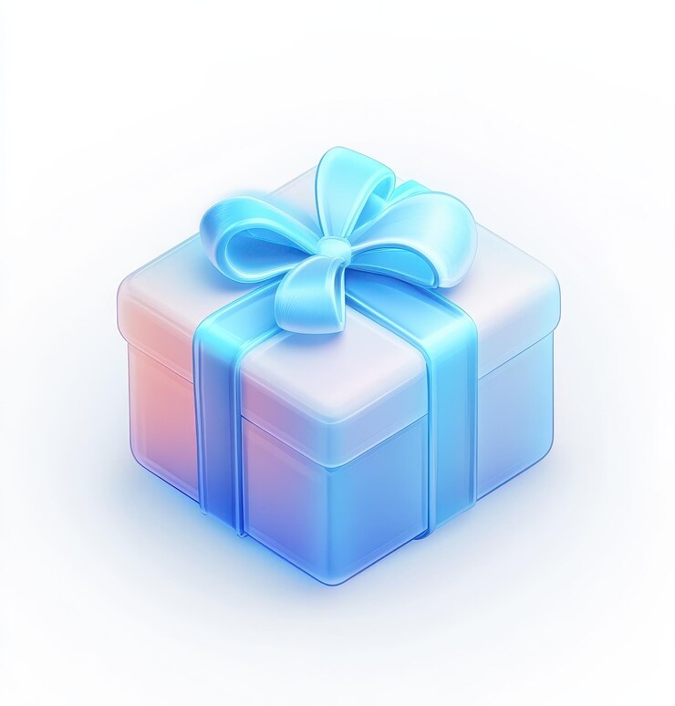 una caja de regalos azul y roja con una cinta azul en ella
