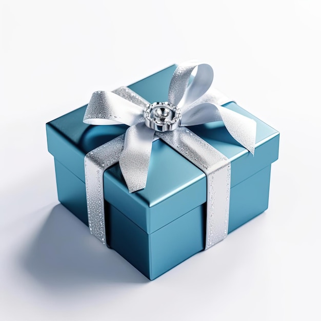 una caja de regalos azul tiene una cinta de plata en la parte superior en el estilo de fondo blanco