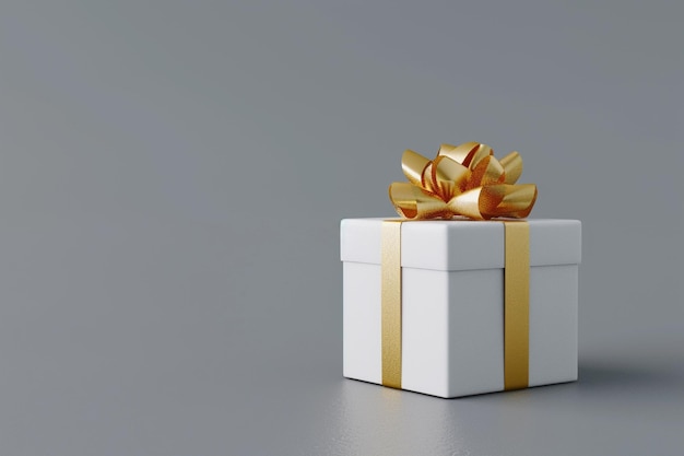 una caja de regalos blanca con una cinta de oro en ella
