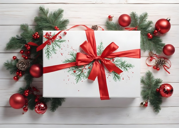 Caja de regalos blanca con un fondo de luz de Navidad borroso