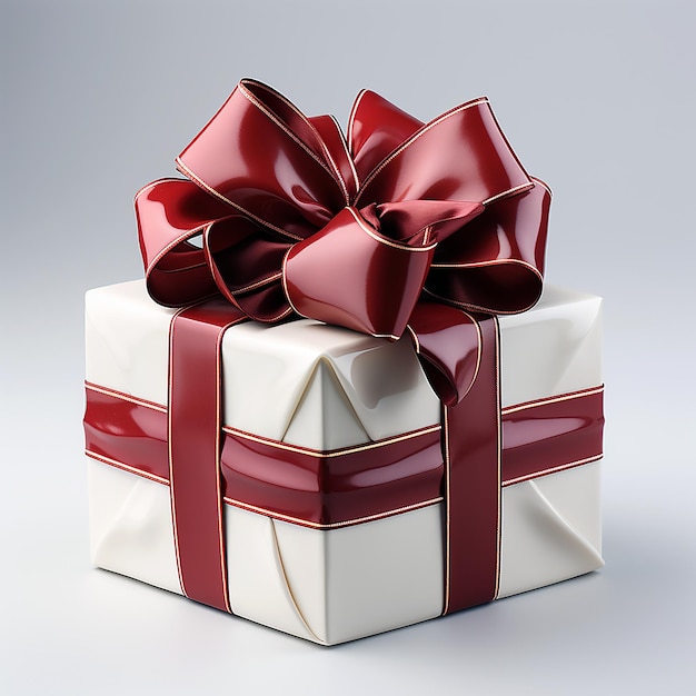una caja de regalos blanca con un lazo rojo en ella