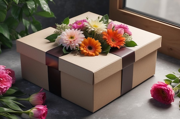 Caja de regalos cerca de las flores