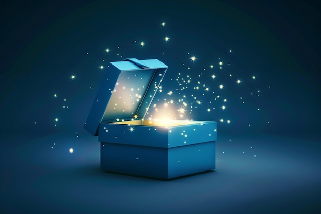 una caja de regalos con una cinta azul en ella