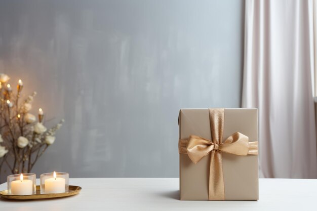 Caja de regalos con cinta de oro en la mesa blanca en la sala de estar