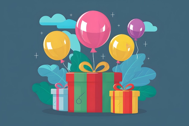 Caja de regalos colorida y globos flotantes ilustrados en formato vectorial