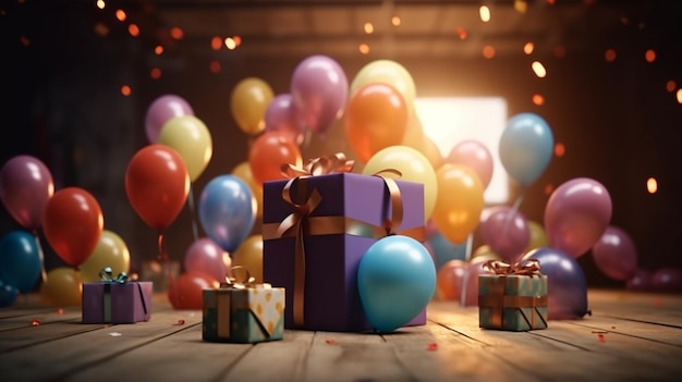 Caja de regalos colorida con globos en el fondo