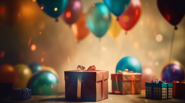 Caja de regalos colorida con globos en el fondo