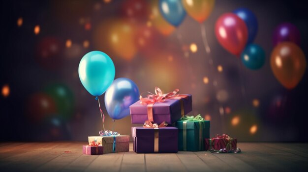 Foto caja de regalos colorida con globos en el fondo