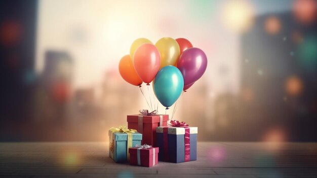 Foto caja de regalos colorida con globos en el fondo