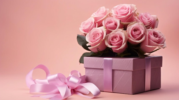 caja de regalos del día de San Valentín de rosas en un fondo rosa con cinta