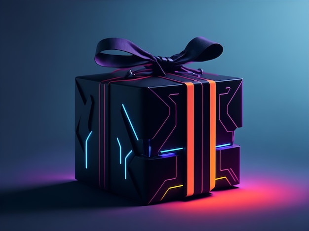 Una caja de regalos en estilo cyberpunk sobre un fondo oscuro
