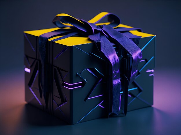 Una caja de regalos en estilo cyberpunk sobre un fondo oscuro