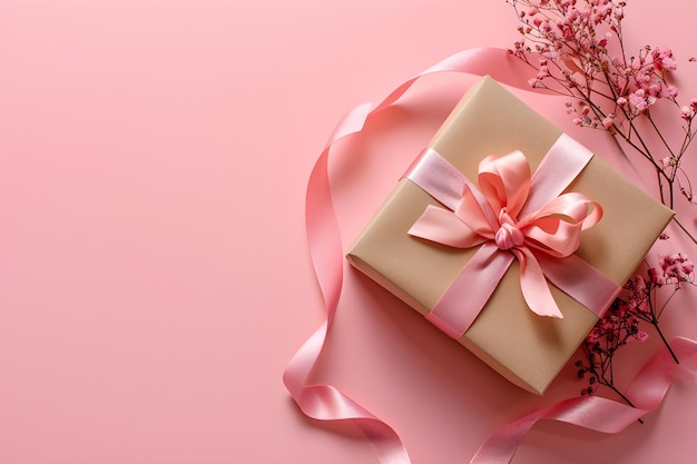 Caja de regalos y flores en fondo claro Regalo para San Valentín, Día de las Madres y de la Mujer