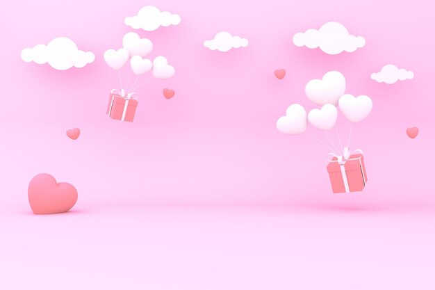 Foto caja de regalos flotando en el cielo con un globo de corazón en un fondo rosa renderización 3d