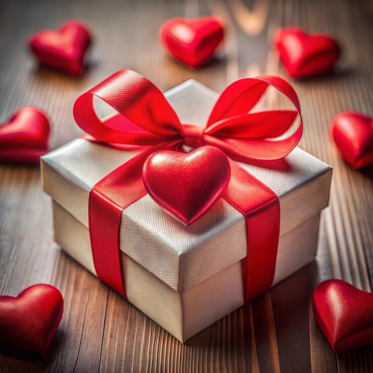 una caja de regalos en forma de corazón con un corazón rojo en la parte superior