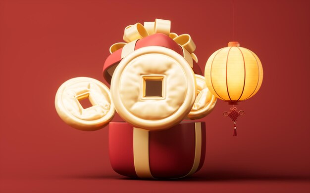 Caja de regalos y globo de monedas de oro inflables renderizado en 3D