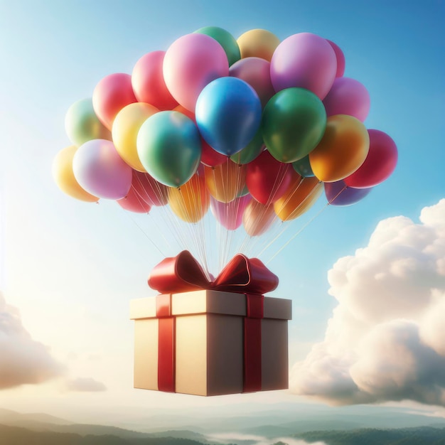 Caja de regalos y globos de colores volando en el cielo