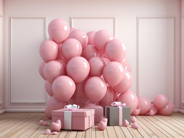 Caja de regalos y globos en la plantilla de concepto de celebración de fondo rosa