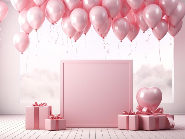 Caja de regalos y globos en la plantilla de concepto de celebración de fondo rosa