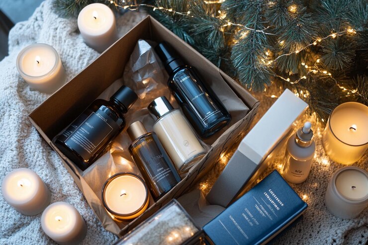 Una caja de regalos llena de productos de lujo para el cuidado de la piel rodeada de velas suaves y cálidas luces navideñas