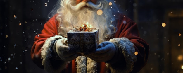 Foto caja de regalos mágica centelleante sosteniendo en la mano de papá noel con copos de nieve y espumoso